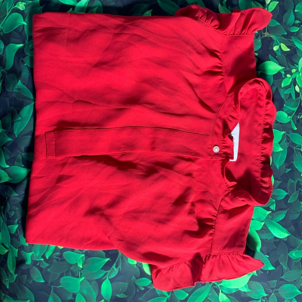 Red Button Collar Ruffle Sleeve Blouse NWT Loft